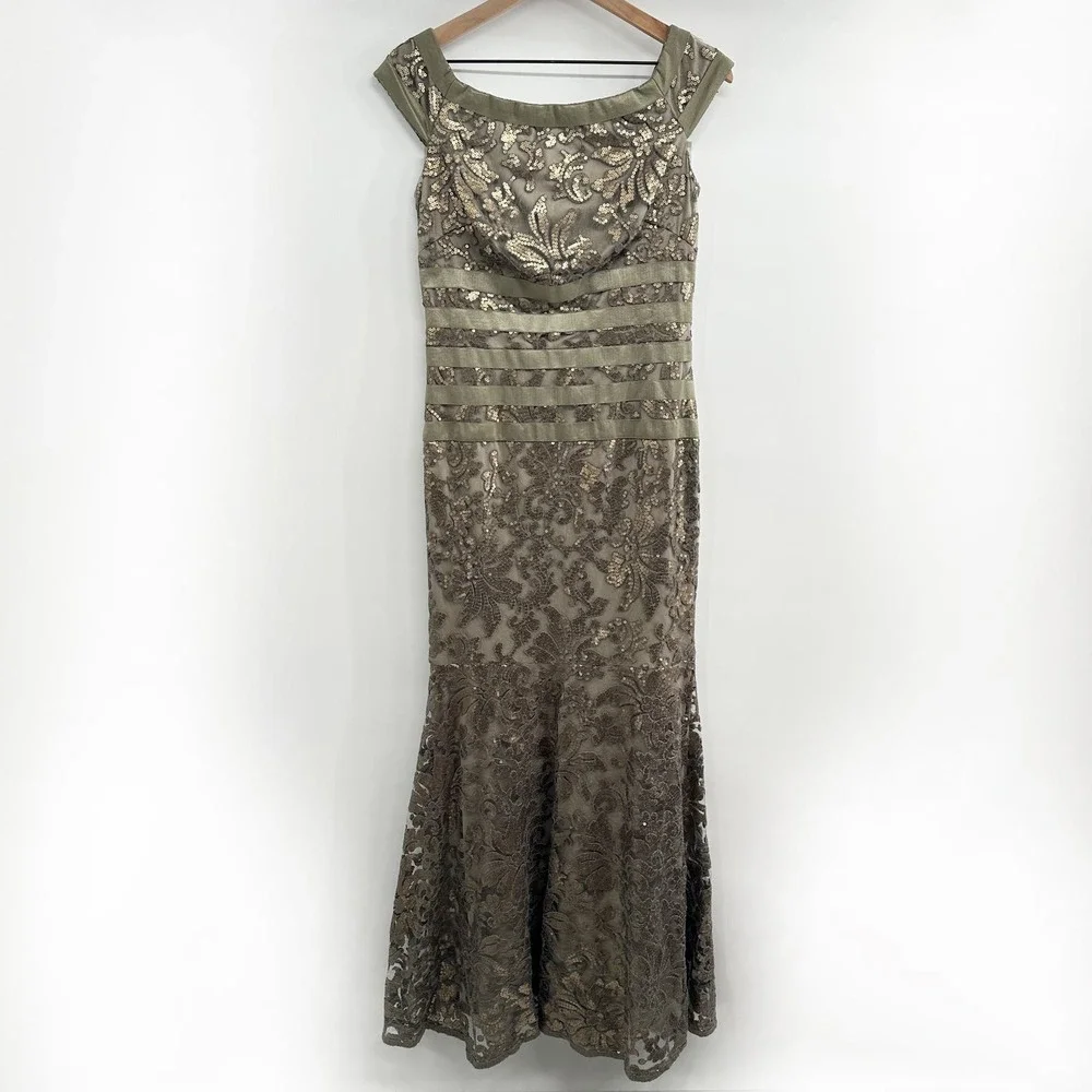 Tadashi Shoji Mesh Sequin Mermaid Gown in Smoke Pearl Size‎ 6